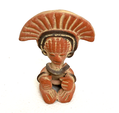 #ad Vtg Terracotta Figurine Mini Mexican Folk Art Aztec Mayan Sitting Headdress $11.99