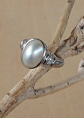 #ad Judith Ripka Freshwater Pearl and Diamonique Textured Ring Sterling Size 8 $69.00