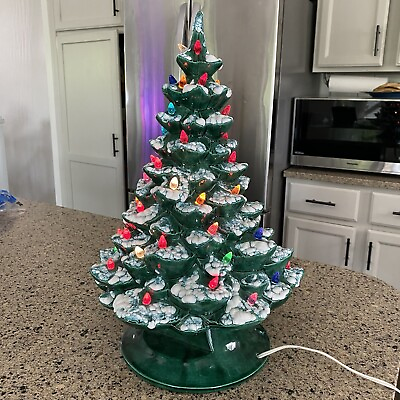 #ad Large Vintage Green Ceramic Light Up Frosted Christmas Tree With Base 18quot; Arnel $253.00
