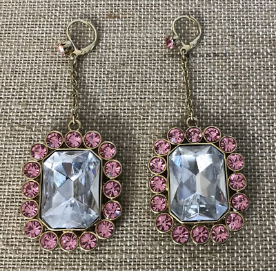 #ad Vtg Betsey Johnson Rhinestone Clear Pink Crystal Rectangle Long Dangle Earrings $34.00