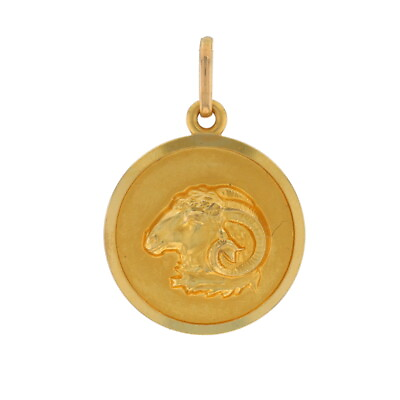 #ad Yellow Gold Ram#x27;s Head Pendant 18k Astrological Zodiac Sign Aries Circle Disc $419.99