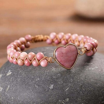 #ad US Rhodochrosite Heart Charm Women Girls Healing Handmade Braided Bracelet Gifts $11.15