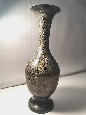 #ad Vintage Brass w Black Enhanced Color Etched Floral Vase 10quot; $25.90