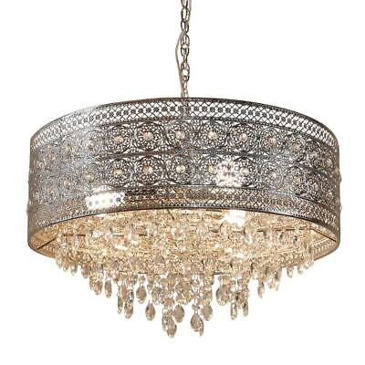 #ad Glam 3 Light Silver Chandelier Polished Nickel Medallion Round Shade w Crystals $232.60