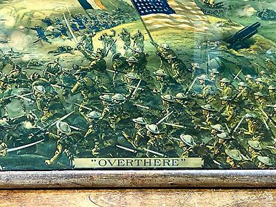 #ad Vintage WWI OVERTHERE Battle Print in Antique Period Frame WW1 Art w Biplanes $199.99