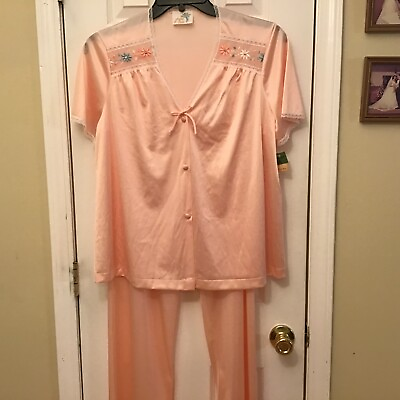 #ad New Vintage Antron III Nylon Pink Pajamas Set Embroidered Button Front Lace Med $14.99