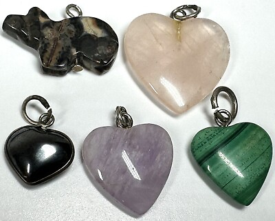 #ad Vintage Carved Stone Marble Agate Silver Hearts Bear Pendant Charms Lot of 5 $19.99