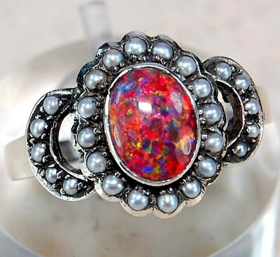 #ad Natural 1CT Red Fire Opal amp; Pearl 925 Solid Sterling Silver Ring Sz 6 FR7 $37.99