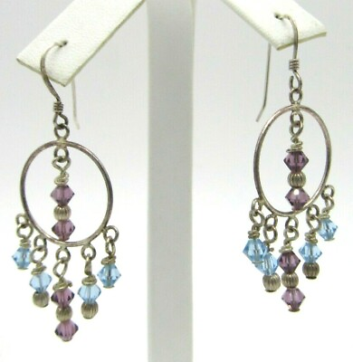 #ad Beautiful 925 Sterling Silver Purple Blue Crystals Dangle Chandelier Earrings 2quot; $19.99