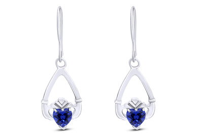 #ad Claddagh Drop Stud Earrings Simulated Round Blue sapphire Solid Sterling Silver $73.10