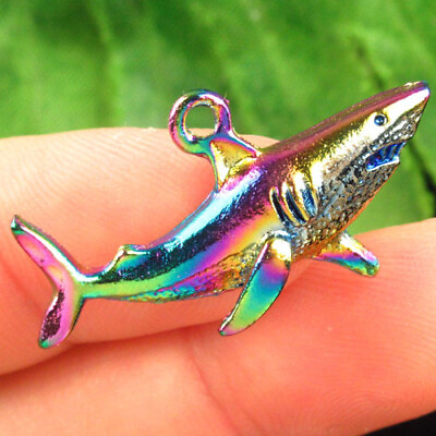 #ad 10Pcs Rainbow Tibetan silver Shark Pendant Bead 32x19x3mm FSM51434 $15.59