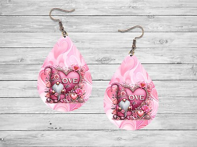 #ad Pink Swirl Love Gnome Earrings Handmade Wood Tear Drop Dangle Printed Jewelry $14.98