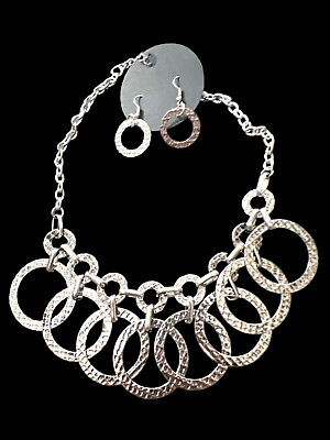 #ad Silver Chain Necklace w Bunches of Dangling Hammered Silver Circles amp; Earrings $8.00