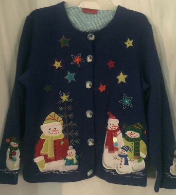 #ad Onque Casuals blue snowman Christmas button front cardigan sweater size XL $20.00