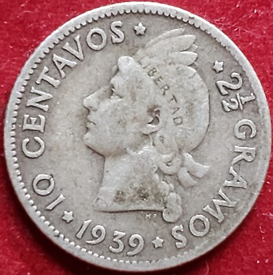 #ad ◇MintSF◇1939 P 10 Centavos Dominican Republic RARE 150K 90% Silver VF $49.99