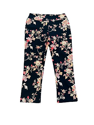 #ad Womens SOFT SURROUNDINGS Indian Rose Floral Pull On Black Ankle Pant Sz M Petite $21.49