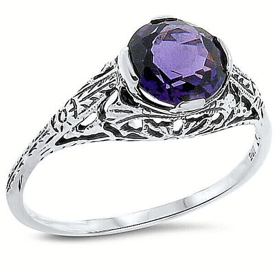 #ad DECO VINTAGE STYLE 925 STERLING SILVER LAB CREATED AMETHYST FILIGREE RING #167 $16.99