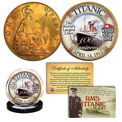 #ad RMS TITANIC *100th Anniversary* Colorized 1900’s Gold Clad Britain Penny Coin $10.95