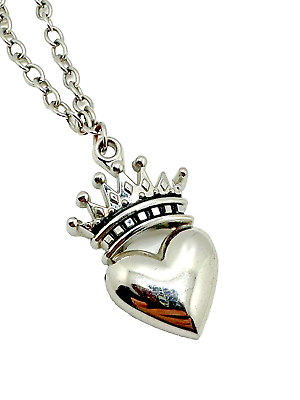 #ad ROCK REBEL Necklace Heart with Crown Pendant Silver Tone 18quot; $14.95