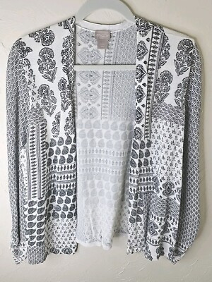 #ad Chicos Long Sleeve Open Knit Sweater Cardigan Lightweight Black White Pattern Sz $25.99
