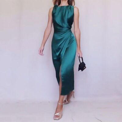 #ad Women Dress Fashion Satin Sleek Sleeveless Lace Up Waist Slit Solid Pleated $23.52