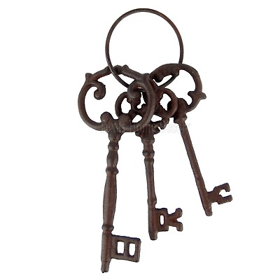 #ad Large Cast Iron Skeleton Jail Keys On Ring Rustic Western Decor Antique Brown $19.95