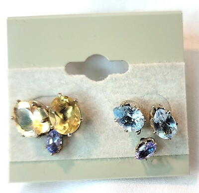 #ad NEW 3 Pair of Multi Dazzling Gemstones 925 Sterling Silver Earring Lot Gift Set $20.99