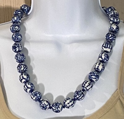 #ad Vintage Chinese Export Blue White Large Porcelain Beaded Necklace Filigree Clasp $140.00
