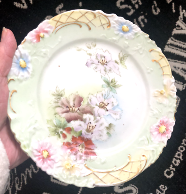 #ad Vtg Pink Green Embossed Hand Painted FLORAL PLATE Rose Daisy Gold Victorian 1 $22.37