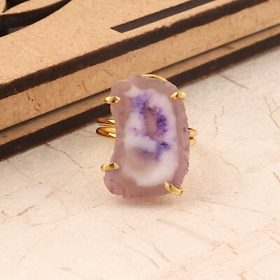 #ad Natural Geode Druzy 24k Gold Plated Handmade Prong Set Adjustable Rings Jewelry $7.45