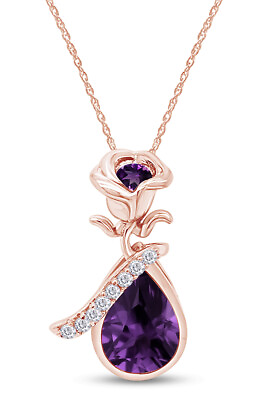 #ad Amethyst Rose Teardrop Pendant Necklace in 14K Rose Gold Plated $156.59