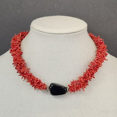 #ad Coral Branch Necklace Beaded Red Shell Black Onyx Jewelry 18quot; $34.99