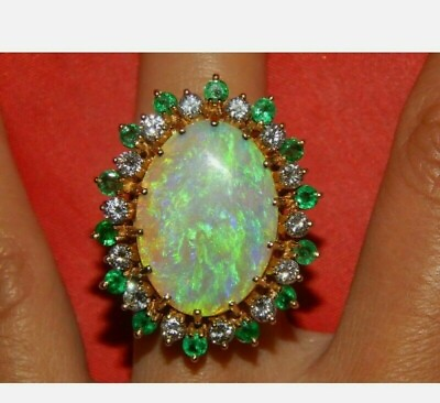 #ad Large 5 CT Fire Opal Simulated Diamond amp; Emerald Ring 9ct Yellow Gold Plated $80.21