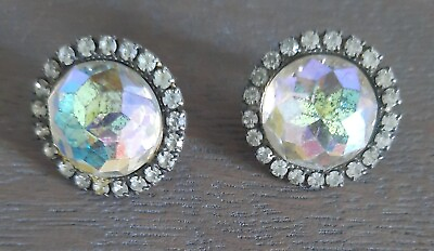 #ad Vintage Large Button Stud Earrings Rhinestones Silver Tone Fashion Jewelry $12.00