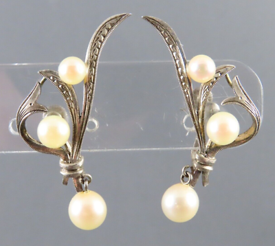 #ad Vintage 835 SILVER Less Than Sterling SCREW BACK EARRINGS Etched Leaves PEARLS $19.20