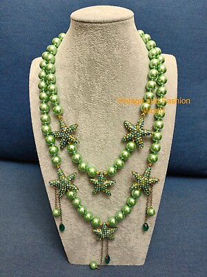 #ad HEIDI D Exquisite quot;Sparkling Starfishquot; Crystal Pearl Beaded Necklace Chrysolite $59.99