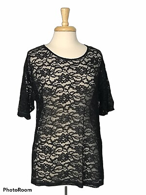 #ad Maria Ierjz women#x27;s S Black Lace Short Sleeve Scoop Neck Top EUC $18.85