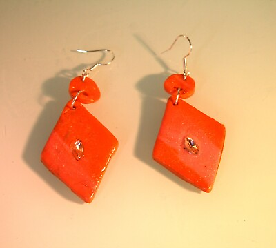 #ad Sterling hook pink crystal orange glitter polymer clay diamond shape earrings $4.25