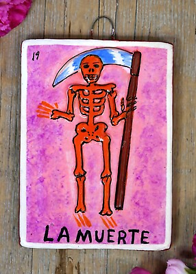 #ad Sm Sz Loteria #19 La Muerte Death Clay Tile Hand Painted Mexican Game Folk Art $29.00