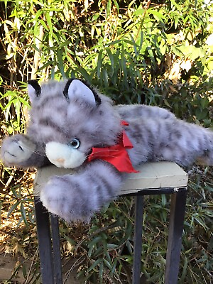 #ad Kellytoy Gray Tabby Cat Flat Laying Stretched Out Stuffed Animal Vintage Plush $19.99