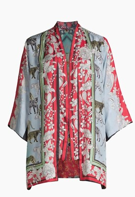 #ad Johnny Was Silk Aimee Reversible Kimono Tigers Floral Size S M VERY RARE $295.00