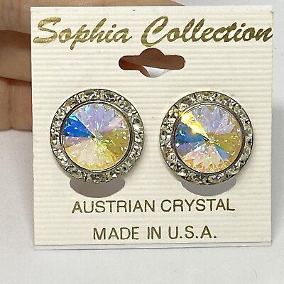 #ad VTG Sophia Collection Austrian Crystal Clip On Earrings Aurora Borealis Made USA $10.00