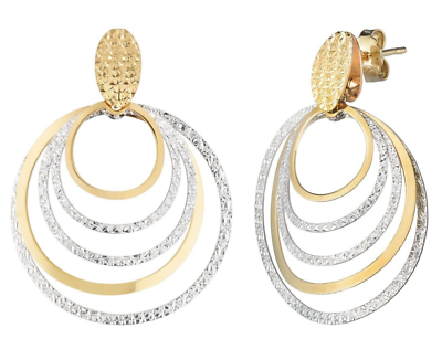 #ad 14k Yellow amp; White Gold Polished amp; Diamond Cut Round Multi Layer Dangle Earrings $500.00