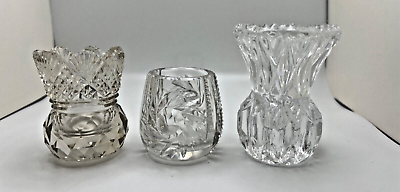 #ad Lot of 3 Antique Vintage Toothpick Holders or Small Bud Vase Clear Crystal $15.00