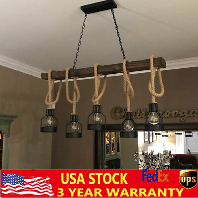 #ad Retro Rustic Rope Pendant Light Wood Chandelier Hanging Ceiling Lamp Fixture USA $73.15