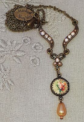 #ad Michal Negrin Necklace Pearl Peach Crystals Small Roses Cameo Victorian Pendant $119.00