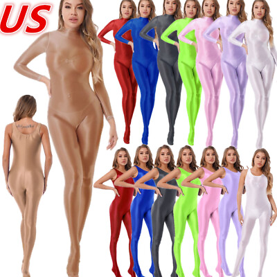 #ad US Women#x27;s High Elastic Glossy Oily Catsuit Shiny Full Bodysuit Party Costume $17.38