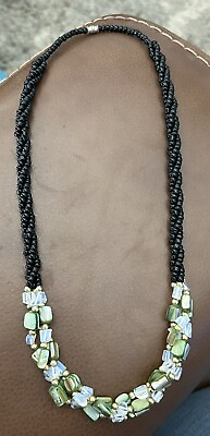 #ad RARE HANDMADE Black And Abalone Type Bead Vintage Necklace $8.00