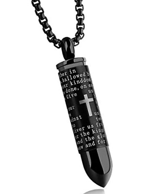#ad LIANTSH Lord#x27;s Prayer Cross Bullet Pendant Stainless Cremation Ashes w Chain $19.99