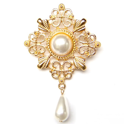 #ad Brooch Gold Hollow Lace Teardrop Pearl Victorian Vintage Retro Elegant Suit Pin $4.98